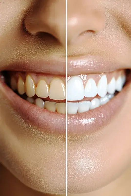 Before-and-after comparison of teeth whitening results — yellowed teeth transformed to bright white.