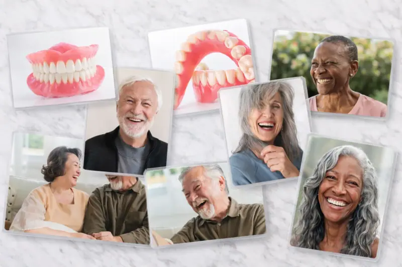 مجموعهای از تصاویر سالمندانی که پس از دریافت دندان مصنوعی اختصاصی در Texas Dental Center هیوستون با اعتمادبهنفس لبخند میزنند.