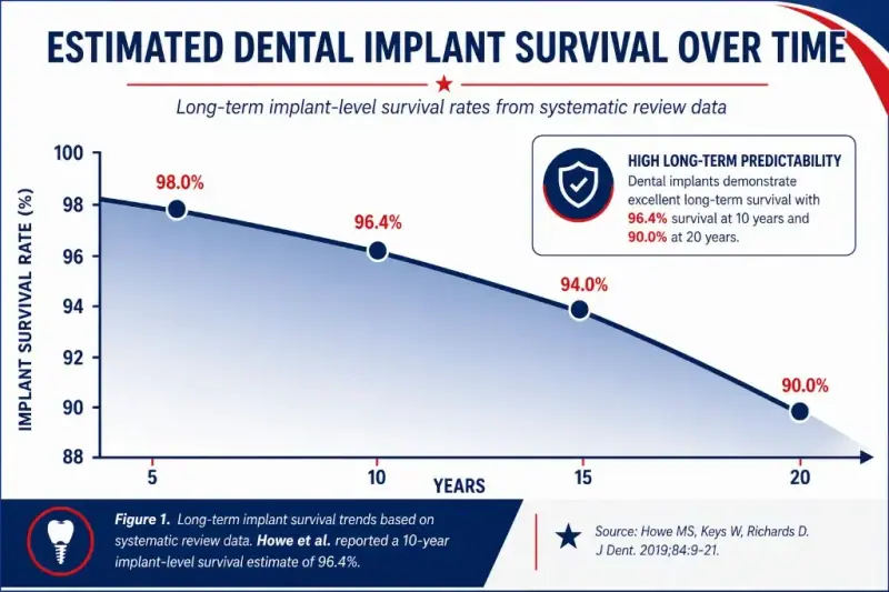 Line graph of long-term dental implant survival trends based on systematic review data