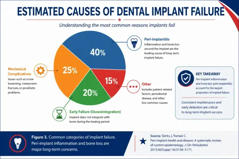 Pie chart of biological, mechanical, and behavioral contributors to implant failure