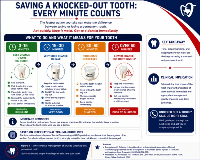 Texas Dental Center Houston timeline diagram showing time-sensitive management of avulsed knocked-out permanent teeth, emphasizing immediate action and proper handling to save the tooth