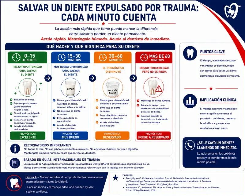 Diagrama de línea de tiempo de Texas Dental Center Houston que muestra manejo sensible al tiempo de dientes permanentes avulsionados desprendidos, enfatizando la acción inmediata y el manejo adecuado para salvar el diente