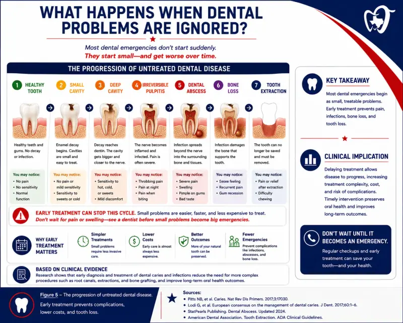 Texas Dental Center Houston progression chart showing how untreated dental disease worsens over time from small cavity to severe decay, abscess, bone loss, and extraction