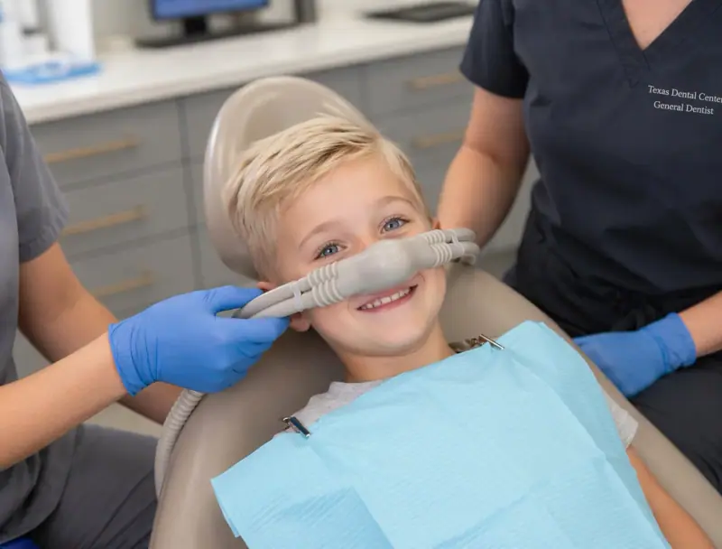 Smiling child relaxing with a nitrous oxide nose mask in a Texas Dental Center treatment chair