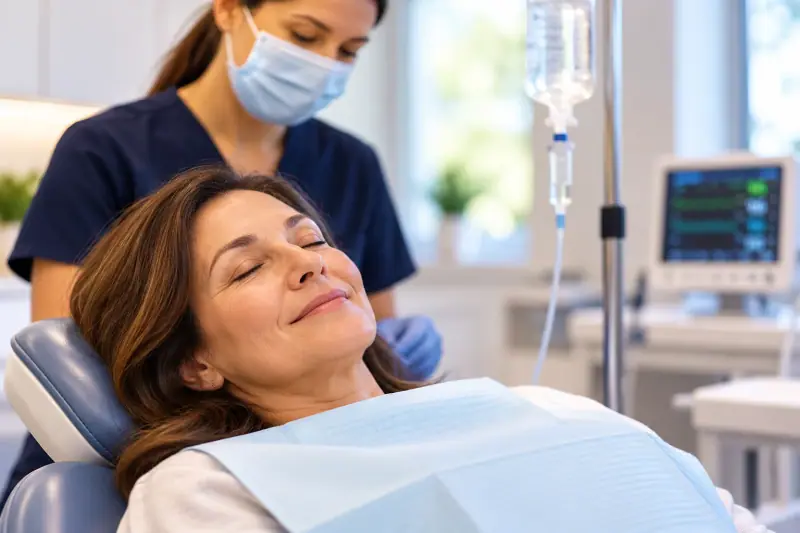 Patient resting calmly with eyes closed in a dental chair during IV sedation, with a team member and monitor nearby